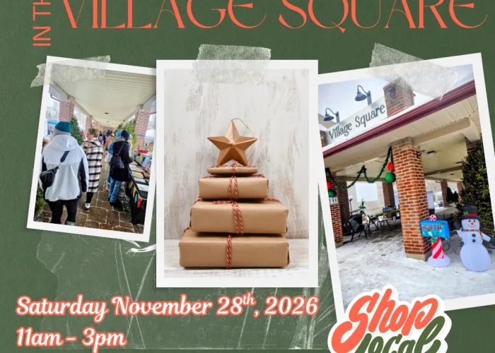 Green background, three photos taped to background, one of people browsing vendor tables, centre of packages in brown paper tied with red ribbon topped with gold star, one of the village square with snow man decoration, event details