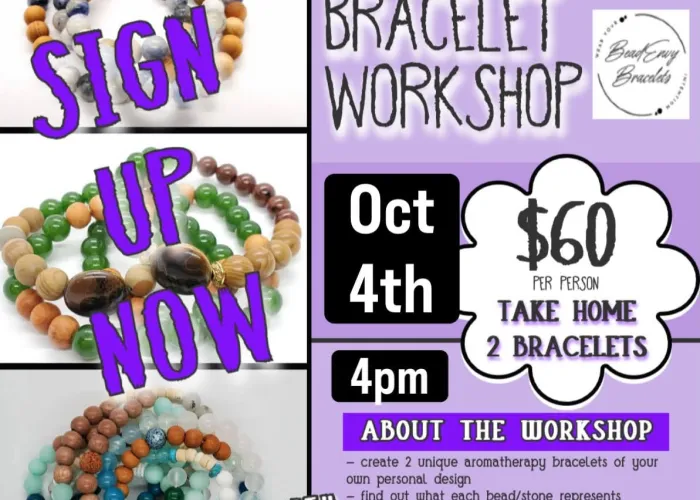 Purple background, three photos of several bead bracelets in vertical line on left, event details on right in black and white writing