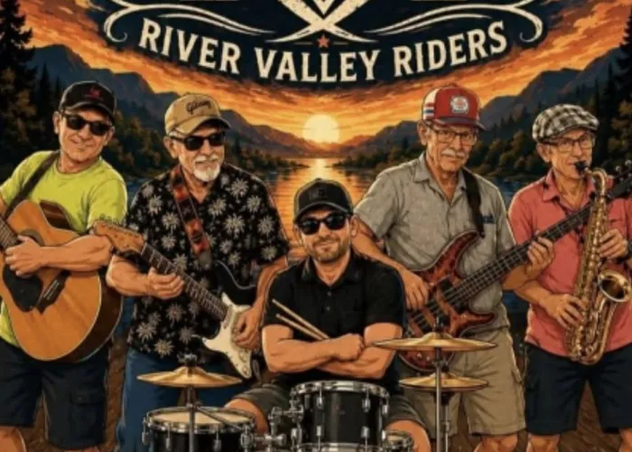 AI poster, name of band at top, five band members posing together with their instruments, guitars, saxophone, and drums, sun setting in background with mountains and trees