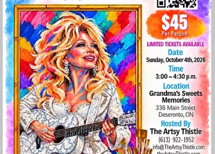 AI poster, colourful painting of dolly parton, colourful background, qr code, event details, host logo