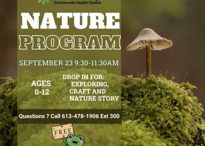 Green background, mushroom growing in moss, foreground, event details, cartoon frog holding sign that says free