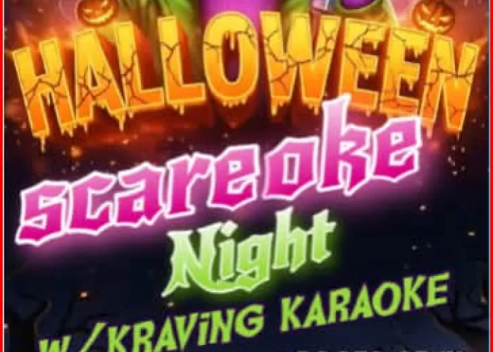 Image of skeleton DJ wearing ear phones, green jacket, purple sweater, full moon behind their head, tweed ag society logo of ferris wheel in corner, jack o lanterns and silhouettes of people dancing in background on bottom, event details in foreground in centre