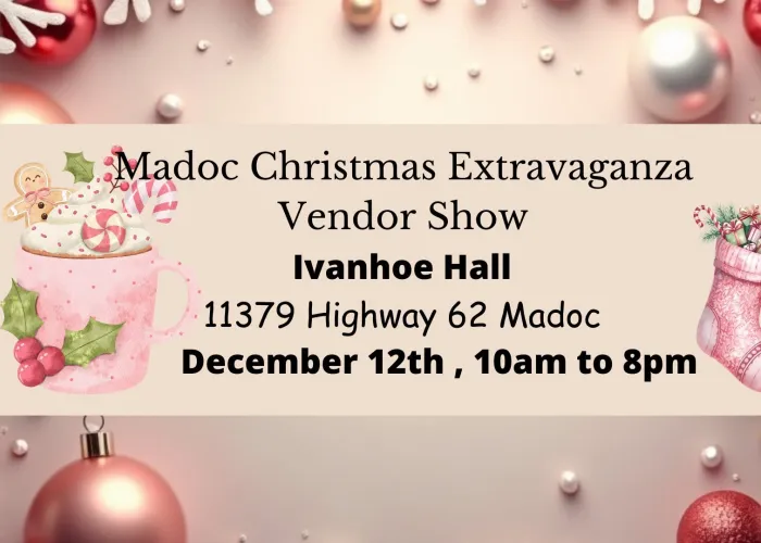White background with snowflakes and red, pink, white, and sparking tree ornaments, event details in cream coloured box in foreground, with christmas mug with candycane, gingerbread man and holly, and a stocking on other side