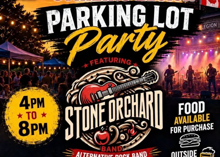 AI poster, scene of outdoor concert in background, three band members on stage, crowd, canopies, dark sky, event details and venue logo