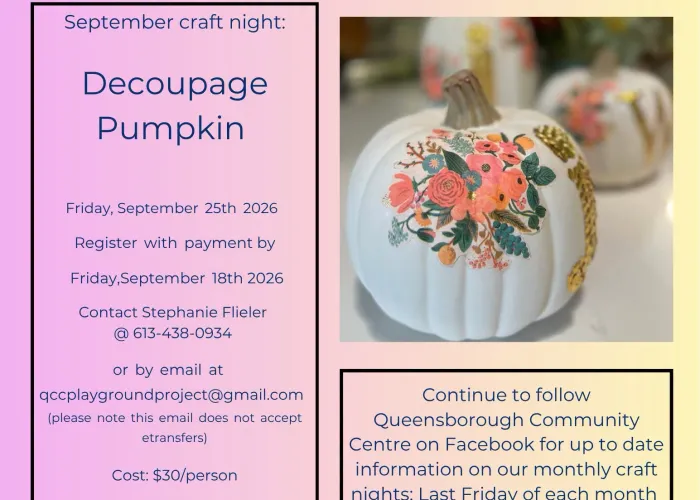 Pink fading to yellow background, photo of white fake pumpkins with flowers painted on, decorative branches with leaves in top corners, event details