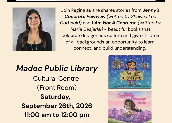 Beige background, photo of author Regina Alice Wilman, photos of her two of her book covers which are colourful images with little girls on the front, venue logo of a tree, event details