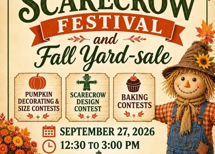AI poster, fall leaves, scarecrow, pumpkins, planter with mums around outside of page, event and venue information in centre