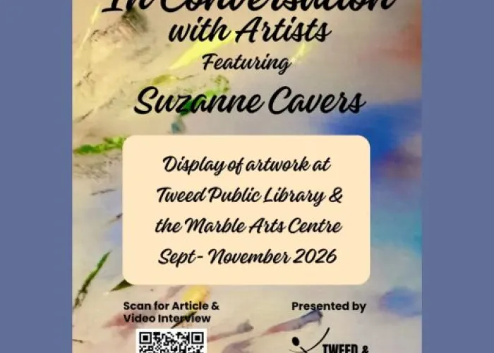 Blue on right and left sides, abstract art in background in middle, event details in black writing, beige box in centre with venue details, qr code and organizer logo in black