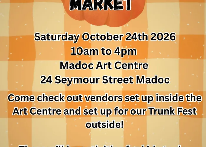 Orange and yellow checkered background, Pumpkin behind title of event, event details listed down centre of page in black and white text