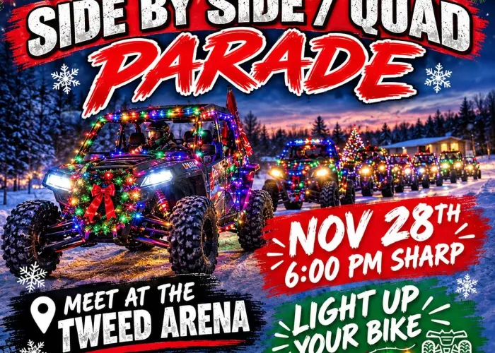 AI poster, winter scene of quads lit up with sparking lights and wreaths all driving in a line, Trees and setting sun in background, details in foreground, racing checkered flags
