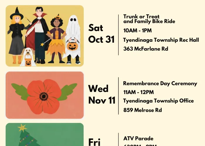 Beige background, three cartoon images stacked vertically, top of group dressed in halloween costumes, second of poppy, third of sleigh with presents and christmas tree, event details in black text beside images