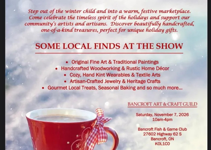 Snowy blurred background, red mug on white table, cookie beside mug, event details in red writing down centre of page