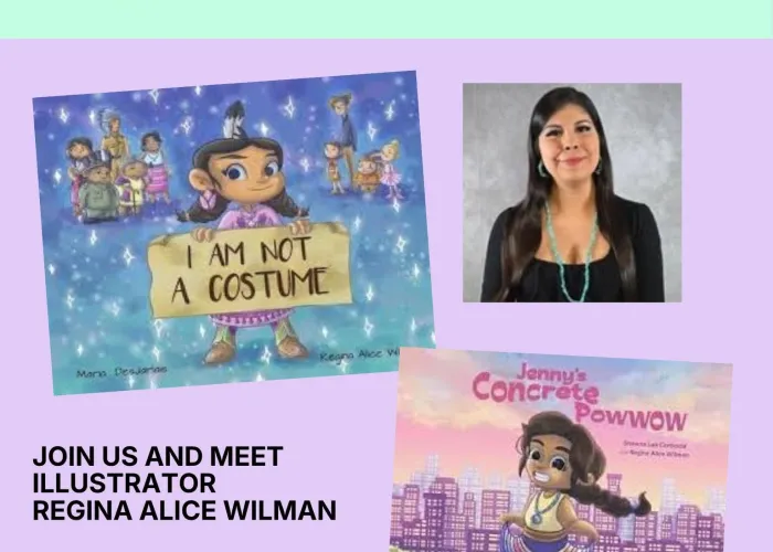 Mint green background on top and bottom, photo of Regina Alice Wilman, images of two books, purple background in middle of page, black text with event details