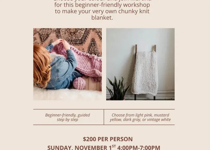Cream background, Dark red text with details of workshop, two photos near top of person knitting, blanket hung against wall, four photos along bottom of yard