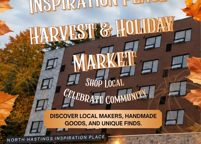 Photo of several story brown and grey building in background, cloudy sky behind, leaves on border, translucent pumpkin outlines, qr code, event information