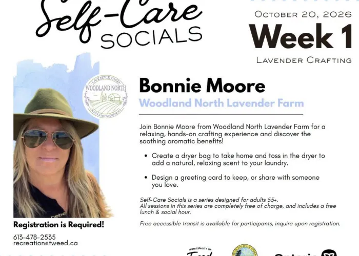 White background, photo of Bonnie Moore on left, logo of Woodland North, logos of Municipality of Tweed and ontario, event details in black writing down centre