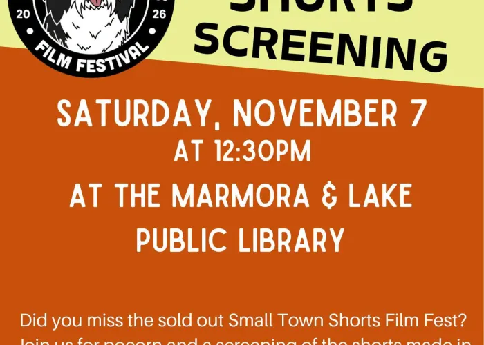 brown/orange coloured background, small town shorts film festival black and white logo of shaggy dog, event details in white text, yellow colour with title of event in black text