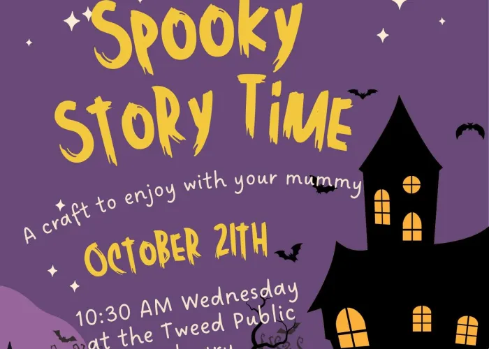 Dark purple background, cartoon images of zombie, jack o lantern, house, bats, witch over a moon, stars, and trees, yellow text with event details