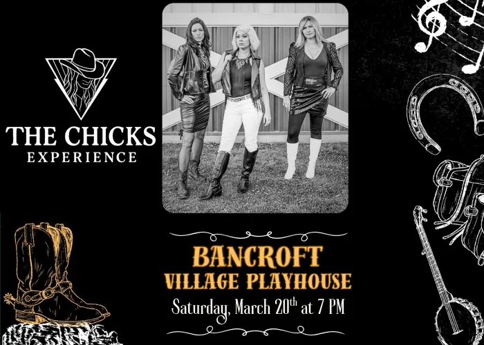 Black background, black and white photo of The Chicks performers posing outside, black and white drawings of banjo, horseshoe, cowboy boots, musical notes, woman in cowboy hat, event details