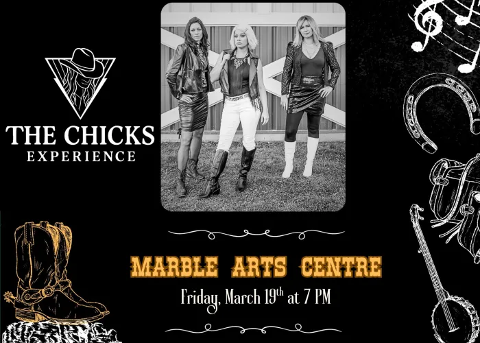 Black background, black and white photo of The Chicks performers posing outside, black and white drawings of banjo, horseshoe, cowboy boots, musical notes, woman in cowboy hat, event details