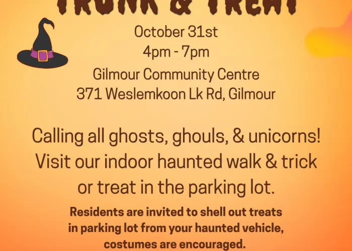 Background orange and yellow fade, cartoon images of witch hat, two children in ghost costumes, candy, cob webs in top corners, event details in black text in centre
