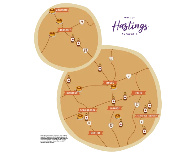 Stylized map featuring maple producers, cafes and restaurants, on top of two circles depicting pancakes.