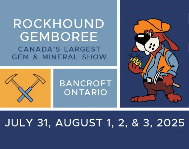Rockhound Gemboree Poster for 2025, Rocky the Rockhound cartoon image with dates, July 31st, August 1, 2, & 3.