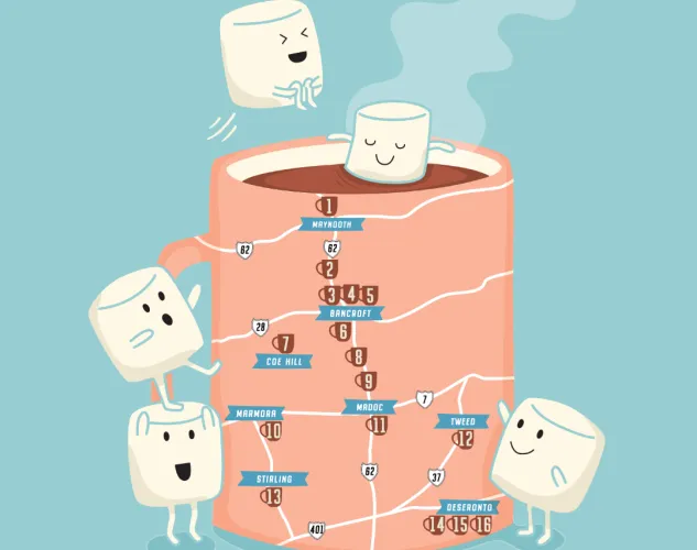Hastings Hot Chocolate Map. A cute cartoon drawing of marshmallows climbing a pink mug that also has a map on it of all the places to get hot chocolate. The marshmallows are also using the cup as a hot tub. 